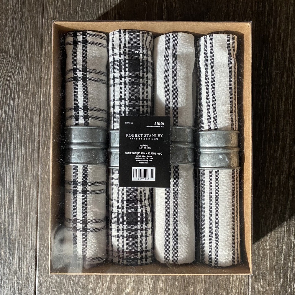 4 ROBERT STANLEY Black White Plaid Check 18" Fabric Napkins Rings Farmhouse Set